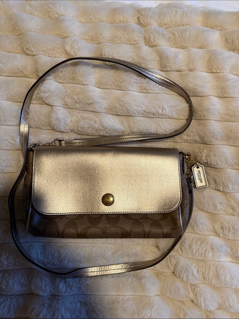 Coach Metallic Gold and Brown Signature Crossbody Bag